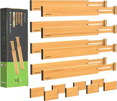 ANTOWIN Adjustable Drawer Dividers Bamboo (43-56 cm), Drawer organizer, spring-loaded, Kitchen, dresser, bathroom, bedroom, baby drawer, desk organization system