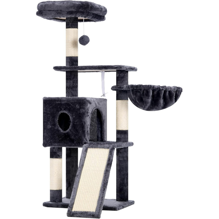 Котячий будиночок Hey-brother Kratzbaum 108 см, багатоярусний котячий комплекс з когтеточками, рампою, кошиком, будиночком та іграшкою-помпоном (димно-сірий), MPJ007SW