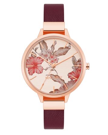 Жіночий годинник Nine West з квітковим циферблатом на ремінці (Бордовий/Розове золото)