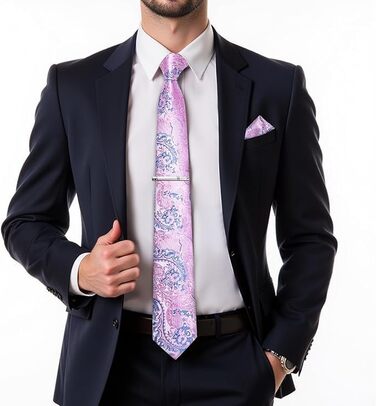 Краватка чоловіча DiBanGu Paisley шовкова, рожево-блакитна + хустинка + запонки + зажим для краватки для вечірки, випускного