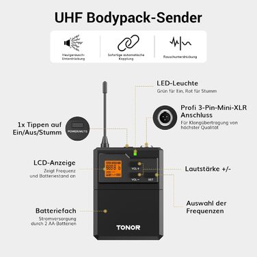 TONOR Бездротовий мікрофонний комплект з 4 каналами UHF: ручний, нагрудний, гарнітурний, лавел'єрний. Дальність дії 90м. Підходить для співу, караоке. 2 ручні мікрофони та 2 кишенькові передавачі