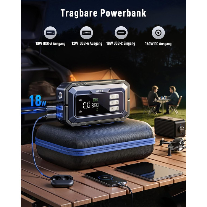 Powerbank для авто UTRAI 7000A з компресором та OBD-сканером: пускозарядний пристрій, LED-ліхтар 2000 люмен, 160W DC вихід (бензин/12L дизель)