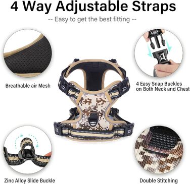 Нагрудник для собак No-Pull, анти-тягнучий, великий, середній, малий - м'який, дихаючий, регульований, світловідбиваючий, з м'якою ручкою (XL, камуфляжний коричневий)