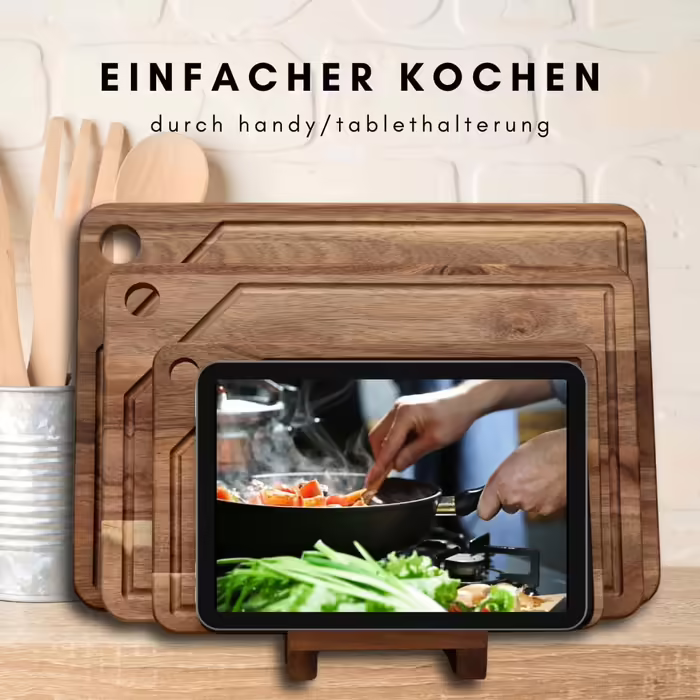 Personalized Premium 3-Piece Cutting Board Set - Kitchen Cutting Boards made of Acacia Wood with Stand and Phone Holder - High-Quality Wooden Board with Juice Groove for the Kitchen