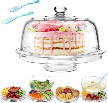 Мастоум Тортенева таця з кришкою, 6-в-1 багатофункціональний торт-стійка з ніжками та куполом, для кухні та випічки, декоративна таця для тортів та вечірок, з 2 ложками для салату