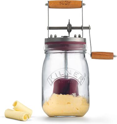 Kilner Butter Churn Glass with Hand Crank, make delicious butter yourself in just 10 minutes, with silicone stirrer, 1L, incl. instructions and recipes, also for herb butter, garlic butter, etc., 27 cm tall