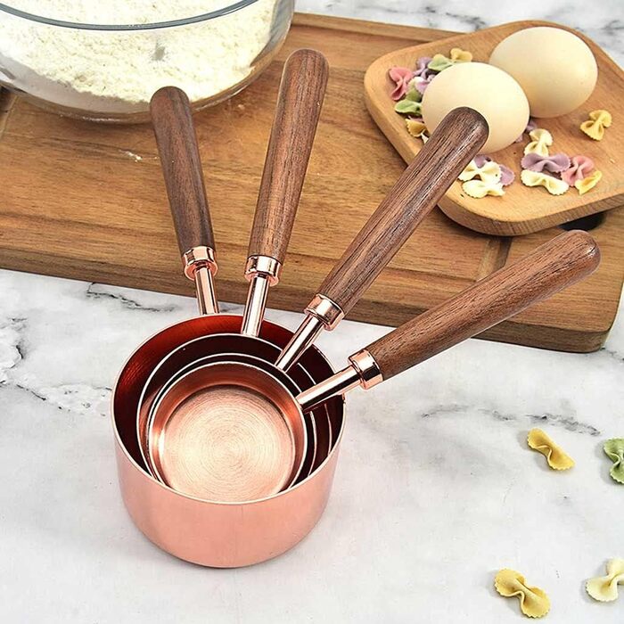 FBHappiness 4-Piece Stainless Steel Measuring Cup Set with Wooden Handle, Measuring Spoons, Gold-Plated Measuring Spoon Set for Baking in the Kitchen (Size: Measuring Cup) (Measuring Cup in Rose Gold)