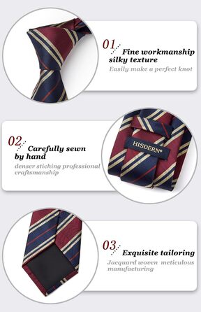 HISDERN Комплект краватки та нагрудного хустинки в смужку (Темно-синій/Бордовий) для чоловіків