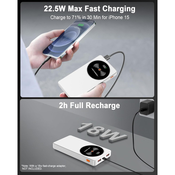 Портативний зарядний пристрій Power Bank Klein 10000mAh з USB-C, 3 порти, сумісний з iPhone 17/16/15/14/13 Pro Max Plus Mini та Android (білий)