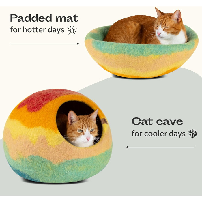 Кішка ліжко MEOWFIA, високе, з 100% мериносової вовни, для котів та кошенят (Сірий хеграу), Rainbow, M