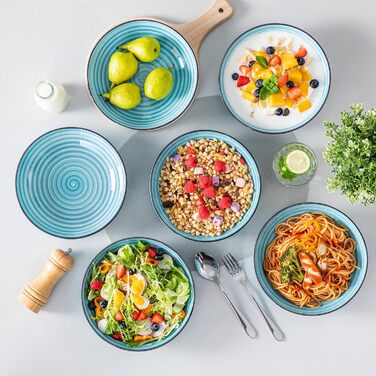 Набір супових тарілок Vancasso Bonbon (6 шт.), супові миски з кераміки, об'єм 1500 мл, глибокі тарілки для пасти, салатники, придатні для миття в посудомийній машині та використання в мікрохвильовій печі, блакитні