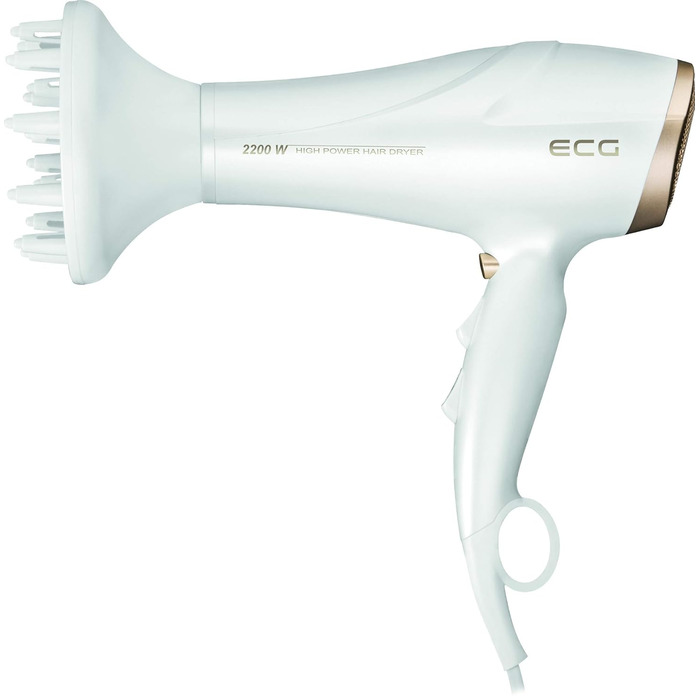 Фен ECG Vv 2200: 2 режими потужності, 3 температурні режими, іонізація, LED-дисплей, захист від перегріву, білий та золотий