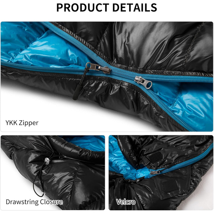 Спальний мішок Naturehike 4 сезони, Mumienschlafsack, зимовий, водовідштовхувальний, компактний, для кемпінгу, подорожей, туризму (Чорний, 650FP)