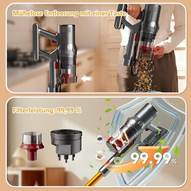 Акумуляторний пилосос Hearten 4-в-1 з LED дисплеєм та антизаплутувальною щіткою, керування одним дотиком, бездротовий пилосос з LED-підсвічуванням для шерсті тварин/килимів/твердих поверхонь (жовтий)