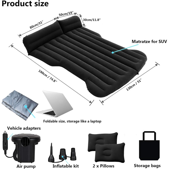 Надувний матрац для авто, SUV, багажник, для кемпінгу та подорожей, чорний