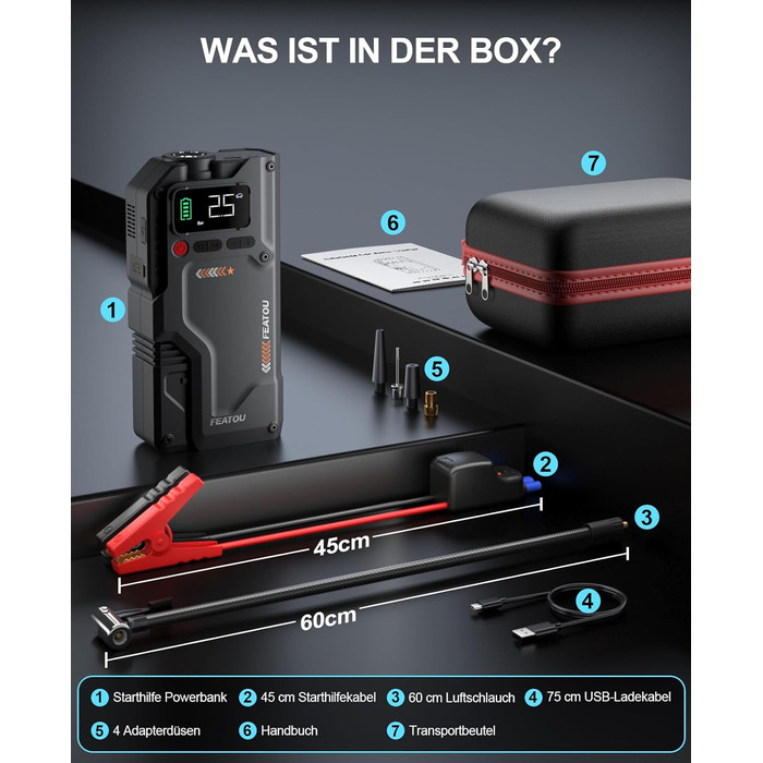 Powerbank для автомобіля Starthilfe з компресором 150PSI, 6000A, 12V, для бензинових та дизельних авто (до 10л), QC3.0, LCD, ліхтарик