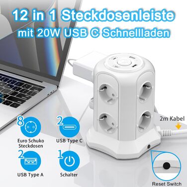 Многорозеткова смуга з USB, 8 розеток, з вимикачем, 4000W/16A, захист від перенапруги, білий кабель 2м