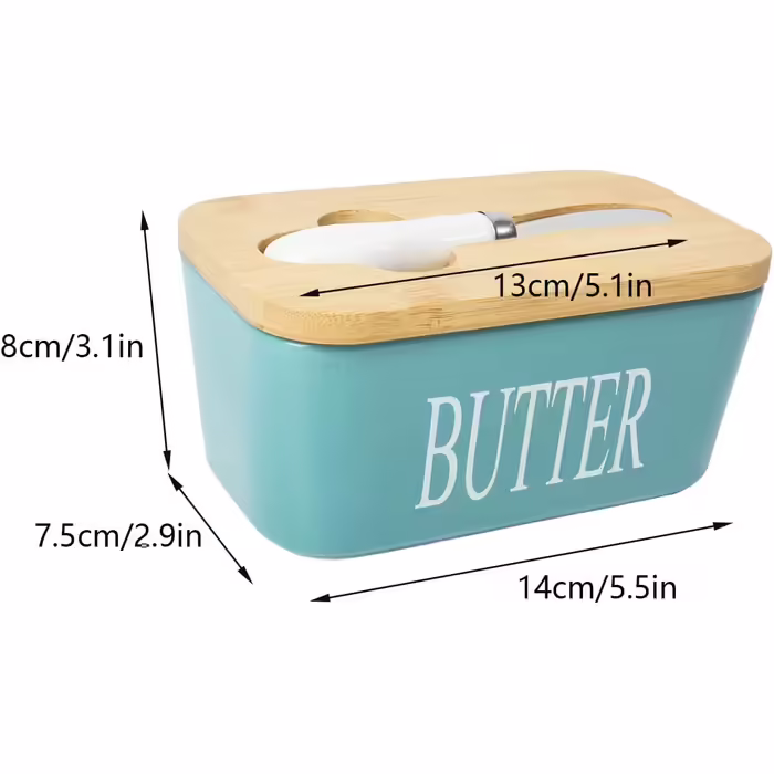 Porcelain butter dishes with lid, airtight silicone butter box, butter container for butter, nuts, cheese, sky blue + butter spreader
