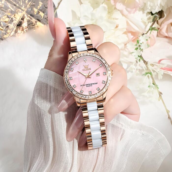 Годинник жіночий OLEVS з діамантами, елегантний, розкішний, на рожевому ремінці з керамічним склом (3651 Roségold)