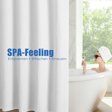 Водонепроникна штора для душу з вафельного текстилю 180x190 см, 260 GSM, біла. Преміум якість, анти-грибок, 10 петель, стиль готелю/SPA, машинне прання