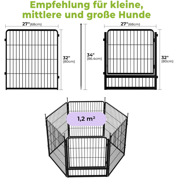 Стійка для цуценят SunsGrove 60 см, важкий металевий загон для собак, чорний, без інструментів, 6 частин (68 x 80 см)