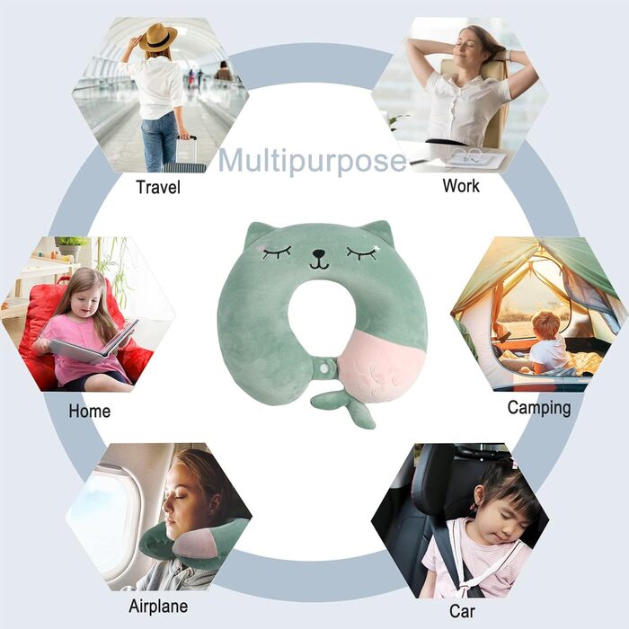 Дитяча подушка для шиї Memory Foam, U-подібна подушка для подорожей (літак, авто, поїзд), знімний чохол (зелена)