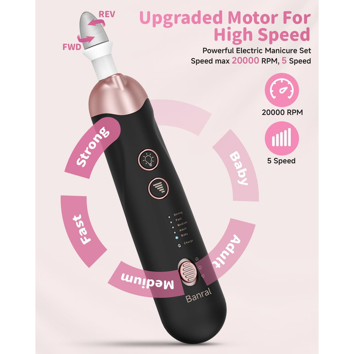 Електричний набір для манікюру та педикюру з LED-підсвічуванням: пилка для нігтів, 10 насадок