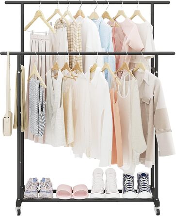 Clothes Rack with Double Rod, Rolling Clothes Rack, Portable Clothes Rack for Bedroom, Living Room, Clothing Store (Black)