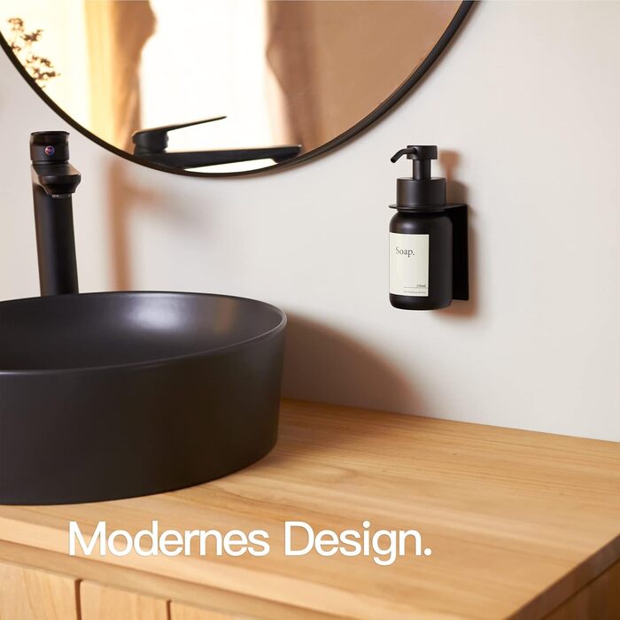 Designfabrik Hamburg | Self-Adhesive Wall-Mounted Glass Soap Dispenser | Stainless Steel Pump Dispenser for Liquid Soap | Dish Soap Dispenser No Drilling Required | with Wall Holder | Black/Black