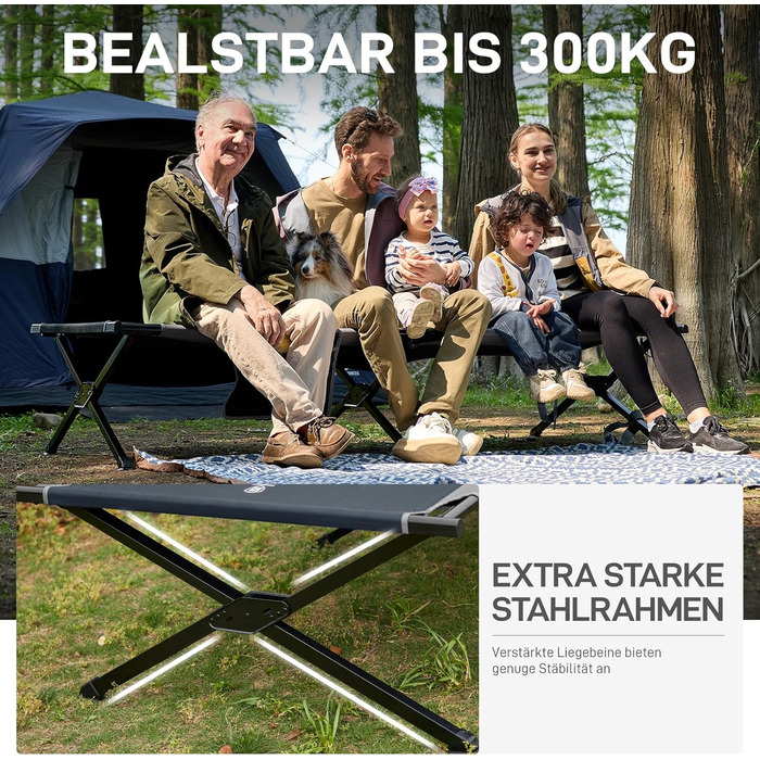 Розкладне ліжко EVER ADVANCED для кемпінгу: 214x106 см, 300 кг, XXL, стабільне, для відпочинку на природі та вдома, зелений/сірий
