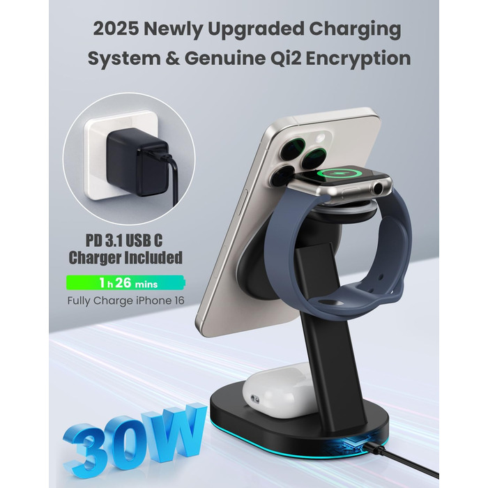 Бездротова зарядка 3-в-1 з MagSafe, USB-C та нічником для iPhone 16/15/14/13/12, Apple Watch та AirPods, A-Schwarz