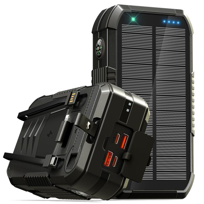 Портативний зарядний пристрій Solar Powerbank 70000mAh з сонячною панеллю, PD 30W, USB-C, 3.0A, інтегрованим кабелем, бездротовою зарядкою 15W, ручним генератором, LED-індикаторами, ліхтариком, для смартфонів, чорний