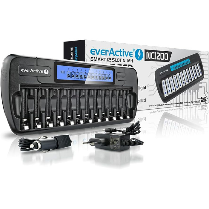 Зарядний пристрій everActive для 12 акумуляторів AAA/AA, швидка зарядка (4 години), LCD дисплей, режим оновлення, адаптер для автомобіля, модель NC-1200