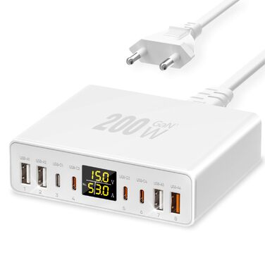 Зарядний пристрій USB-C багатопортовий 8 портів 200W GAN YSYFAD з LED індикатором, PD PPS Type-C, QC3.0, швидка зарядка для iPhone, iPad, MacBook, ноутбуків, білий
