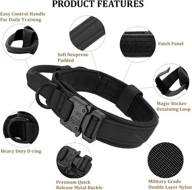 Тактичний нашийник для собак з ручкою та поводок, військовий стиль, м'яке наповнення, нейлон, регульований, середні та великі породи, чорний XL
