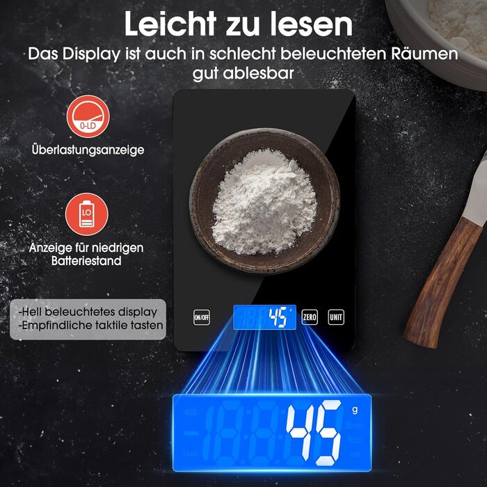 Кухонні ваги цифрові 15 кг, перезаряджувані, з LCD-дисплеєм та функцією тарування, водонепроникні, преміум-якість, чорний колір