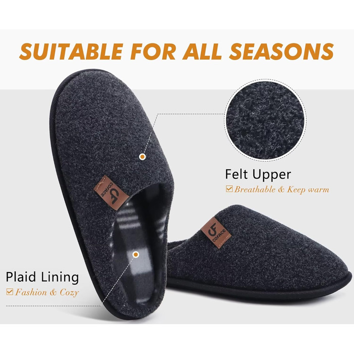 Чоловічі домашні тапочки COFACE з фетру, теплі та зручні, з антиковзною гумовою підошвою, для дому та вулиці, розмір 40-49, чорний, 46 EU