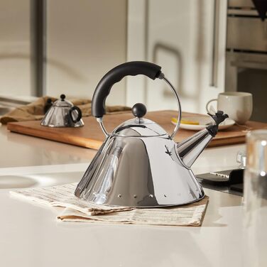 Alessi Water Kettle with Handle, Stainless Steel, Bird-Shaped Whistle from PA, Black, Silver, 8.5 x 25 x 10.5 cm, 9093 B 2 Liter Silver