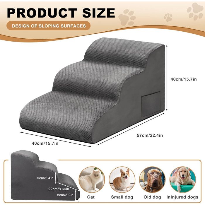 Сходи для собак маленьких порід Otauoaea: 3 сходи, антиковзаюча поверхня, для софи та ліжка, знімний чохол, сірий колір