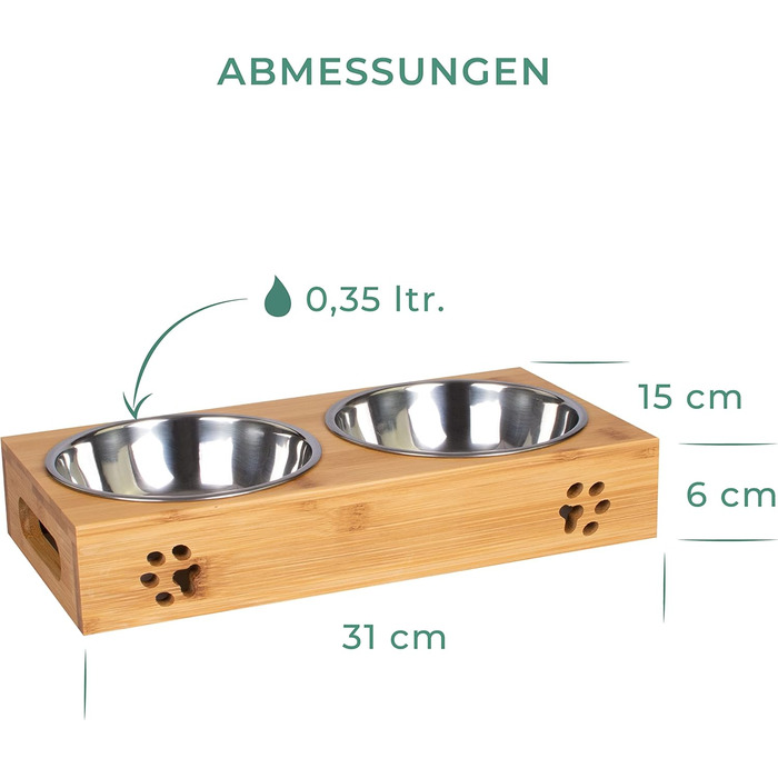 Станція для годування домашніх тварин LAUBLUST: підставка для мисок з бамбука, 2 нержавіючі миски | для собак та котів, розмір 31 x 15 x 6 см | M