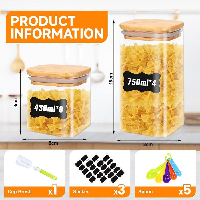 Набір скляних контейнерів для зберігання 12 шт. (750мл/430мл) з кришкою, кутові, для продуктів, кухні