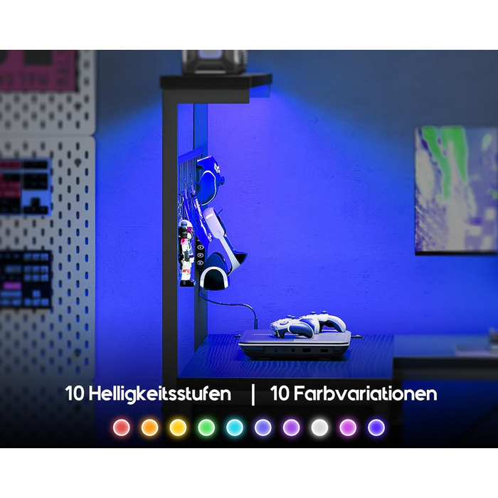 Ігровий стіл Coleshome з LED підсвічуванням, 130 x 100 см. Реверсивний стіл з шухлядами та розетками, кутовий стіл з полицею та місцем для зберігання, чорний