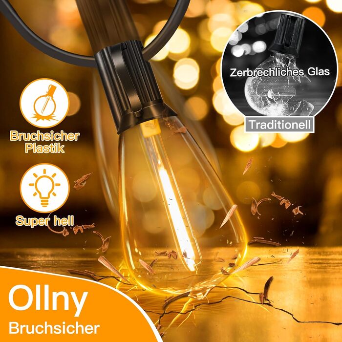 Ланцюжок вогнів Ollny для вулиці 5м, 13+1 ST38, LED, для саду, кемпінгу, вечірок