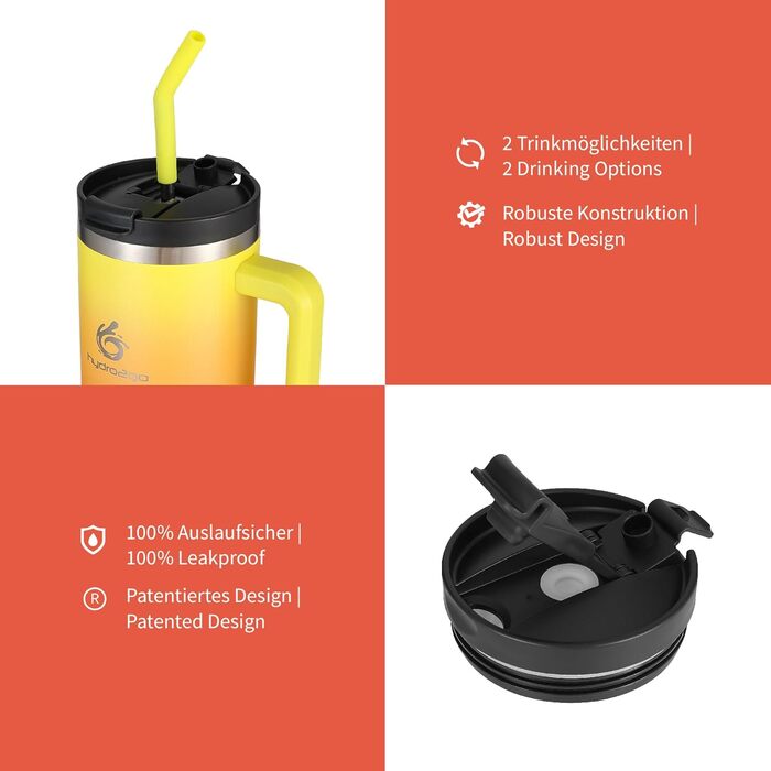 Термокружка Hydro2Go з трубочкою – BPA-free, придатна для миття в посудомийній машині, зберігає тепло 10 годин/холод 12 годин – 1200 мл, колір Sun