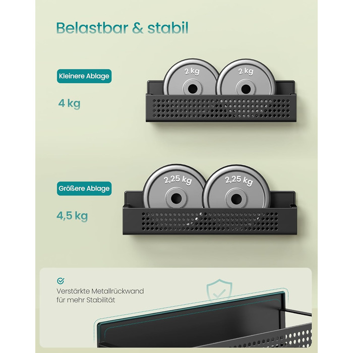 SONGMICS Магнітна полиця для спецій, 4 шт. (2 великі, 2 маленькі), без свердління, для кухні, холодильника, мікрохвильової печі, пральної машини, чорний, сталь