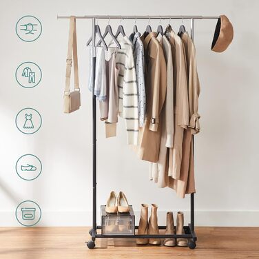 SONGMICS Clothes Rack, Clothes Rail, Coat Stand with Wheels, Load Capacity up to 25 kg, Adjustable, Silver-Black HSR101B01