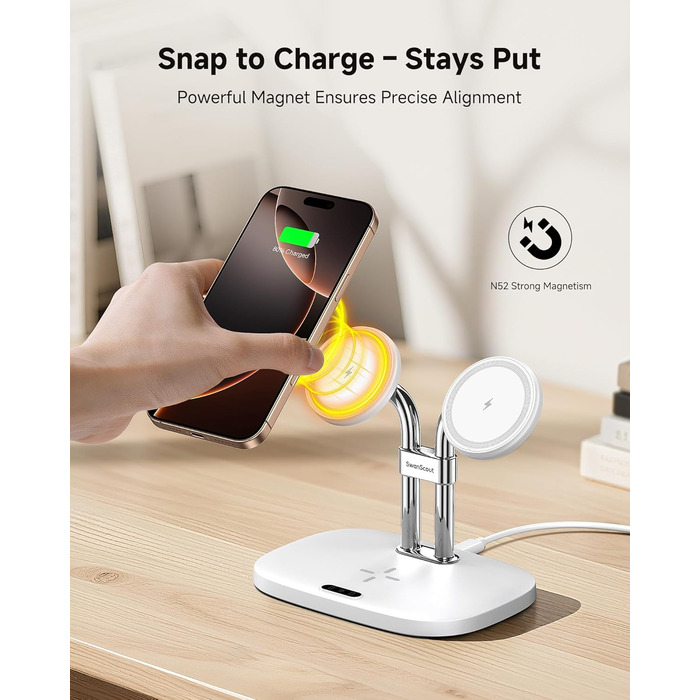 Бездротова зарядка SwanScout для iPhone 17/Air, AirPods Pro 3/2, 2 телефони (біла)