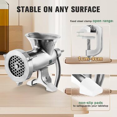 М'ясорубка ручна Huanyu з нержавіючої сталі, насадки для ковбас та печива, миється в посудомийній машині (№8, №10)