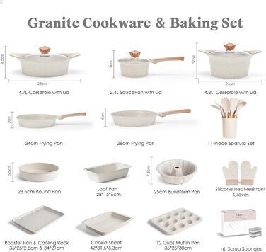 Набір посуду RIOVARM з індукційним покриттям з граніту Antihaft, з кришкою: каструлі, сковорідки, шпатель. Без PFOA.