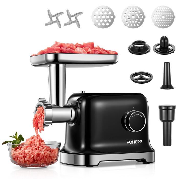 М'ясорубка електрична Fohere 2000 Вт з насадками для ковбас та кубів, 3 диски (7/5/3 мм), чорна